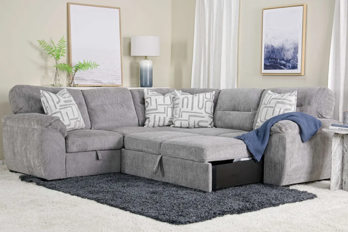 Wanda Full Tux Sleeper Sectional W/ Storage In Gray, Right Facing