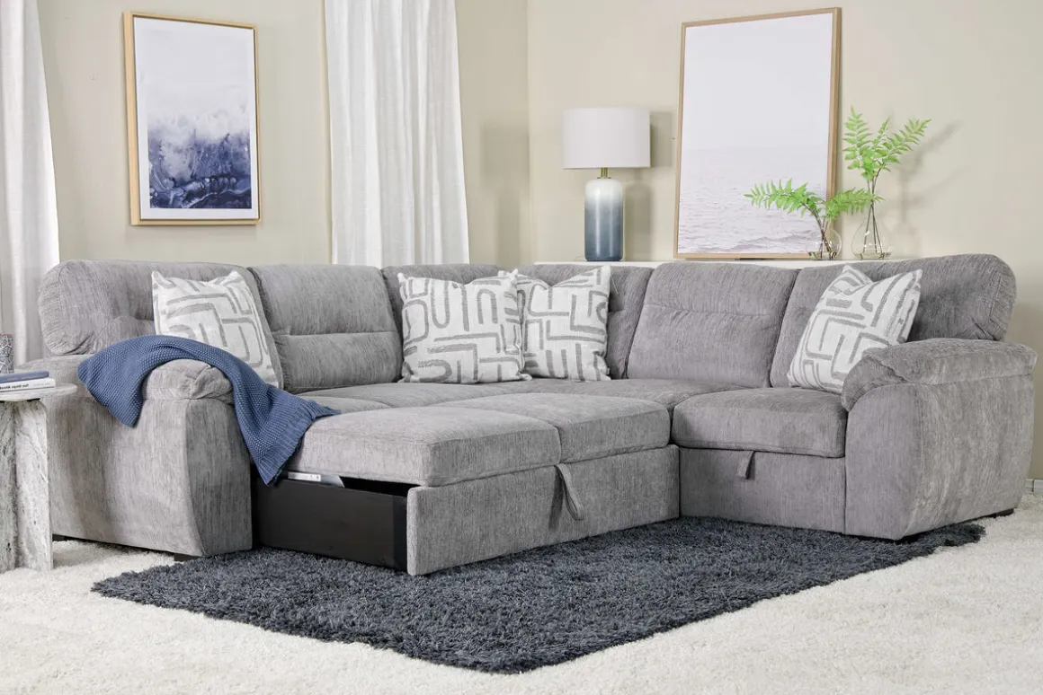 Wanda Full Tux Sleeper Sectional W/ Storage In Gray, Right Facing