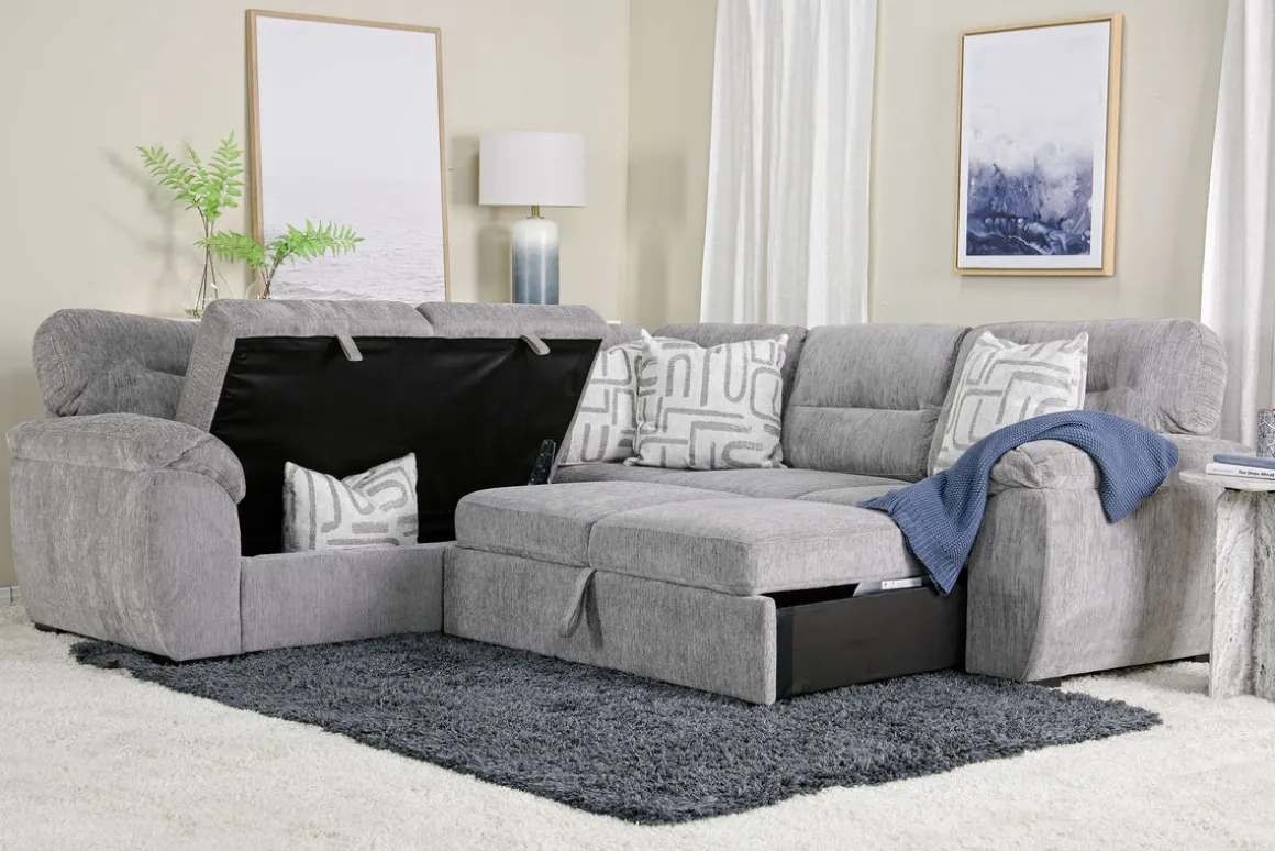 Wanda Full Tux Sleeper Sectional W/ Storage In Gray, Right Facing