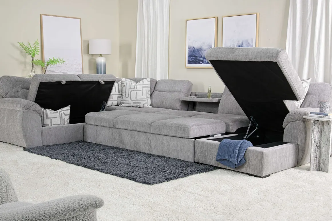 Wanda Xl Storage Chaise Sleeper Sectional In Gray, Left Facing