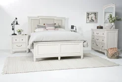 Willowbrook Upholstered Panel Bed, Dresser, Mirror & Nightstand In Pebble, Queen